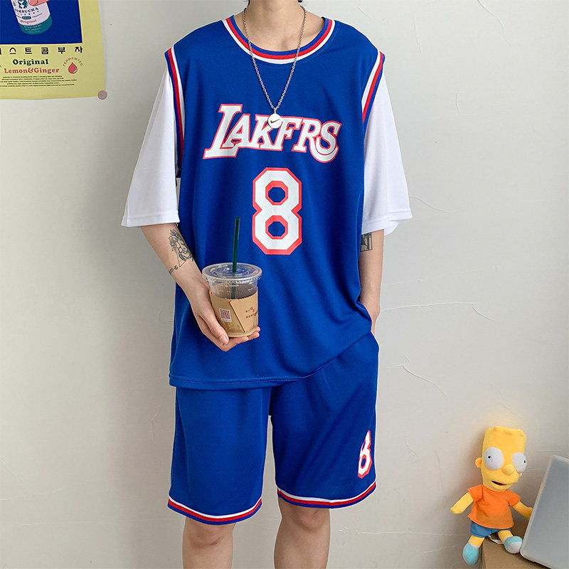 Summer thin style basketball clothes suit men's set of matching short sleeves shorts Tide Card Sports Fitness Jersey two sets