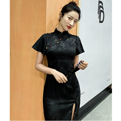 Черное ципао, короткое сексуальное легкое современное модное летнее платье, подходит для подростков