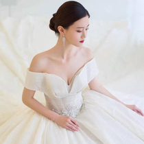 French starry sky main wedding dress 2020 new bride trailing one-shoulder large size Jane super fairy about thin wedding dress shaking sound