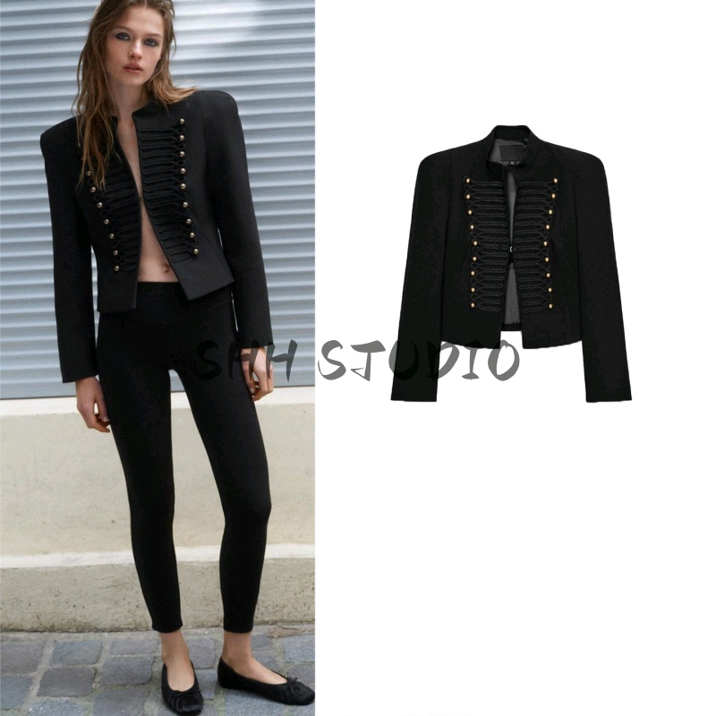 Spring New Women's Clothing Metal Hook Buckle Napoleon Long-Sleeved Slim-Fit Blazer with Shoulder Pads 4840798