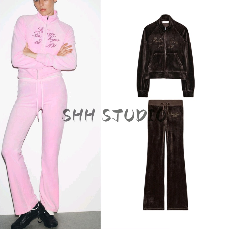 Stand Collar Long-Sleeved Embroidered Velvet Jacket 5968300 High-Waisted Velvet Trousers 5968301