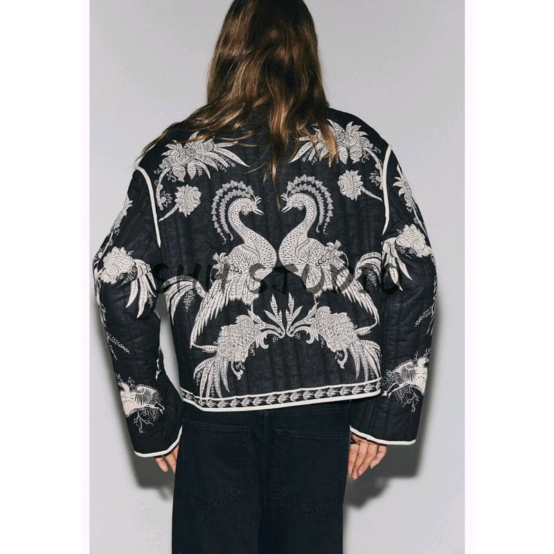 冬季新品女装欧美风V领长袖印花绗缝薄棉短款夹克外套 1316449