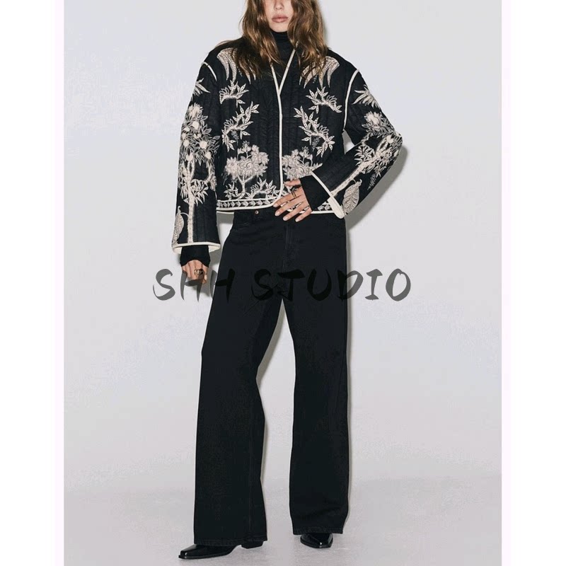 冬季新品女装欧美风V领长袖印花绗缝薄棉短款夹克外套 1316449