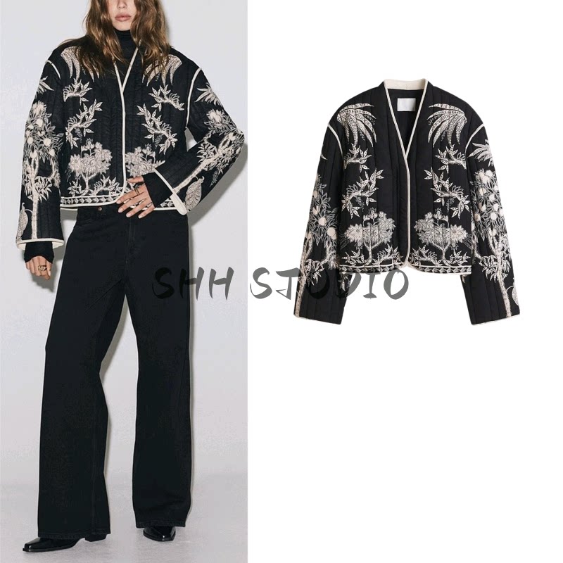 冬季新品女装欧美风V领长袖印花绗缝薄棉短款夹克外套 1316449