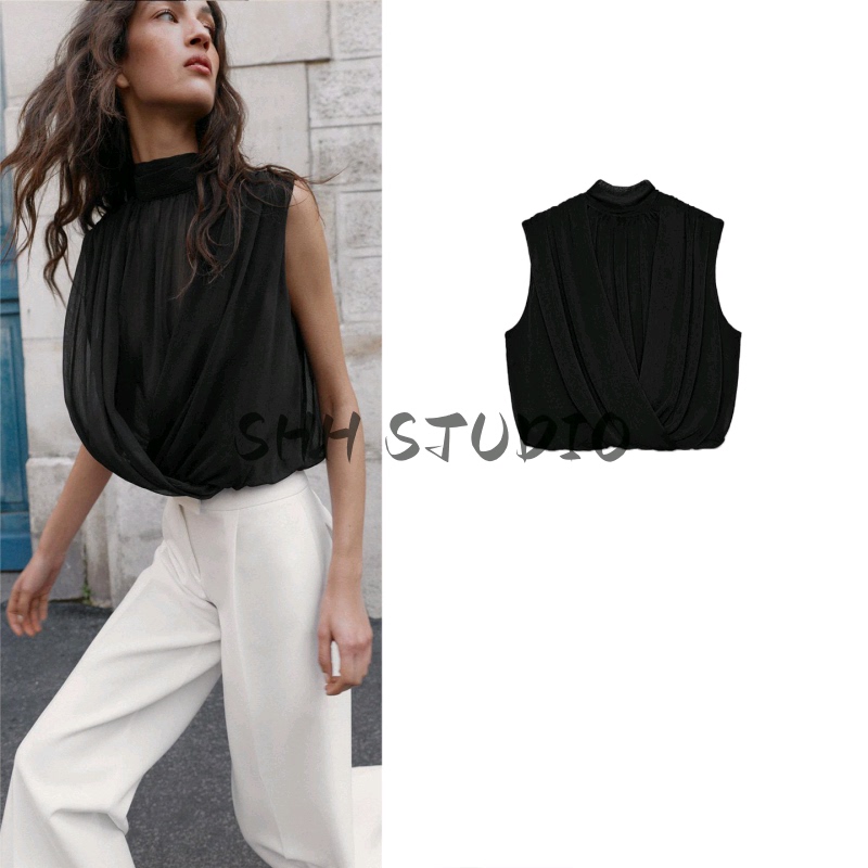 Spring New Women's Clothing Bow-Tie Embellished High-Neck Sleeveless Pleated Balloon-Style Top 3666080