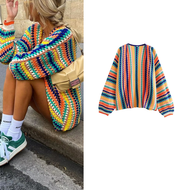 Spring New Style European and American Blogger ins Retro Handmade Crochet Sweater Vest Colorful Striped Knitted Jacket