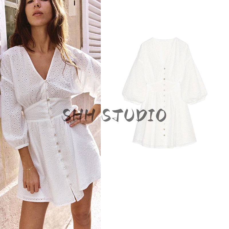 Spring New Women's Clothing White French V Neck Long-Sleeved Cut Out Embroidered Mini Dress 2812874