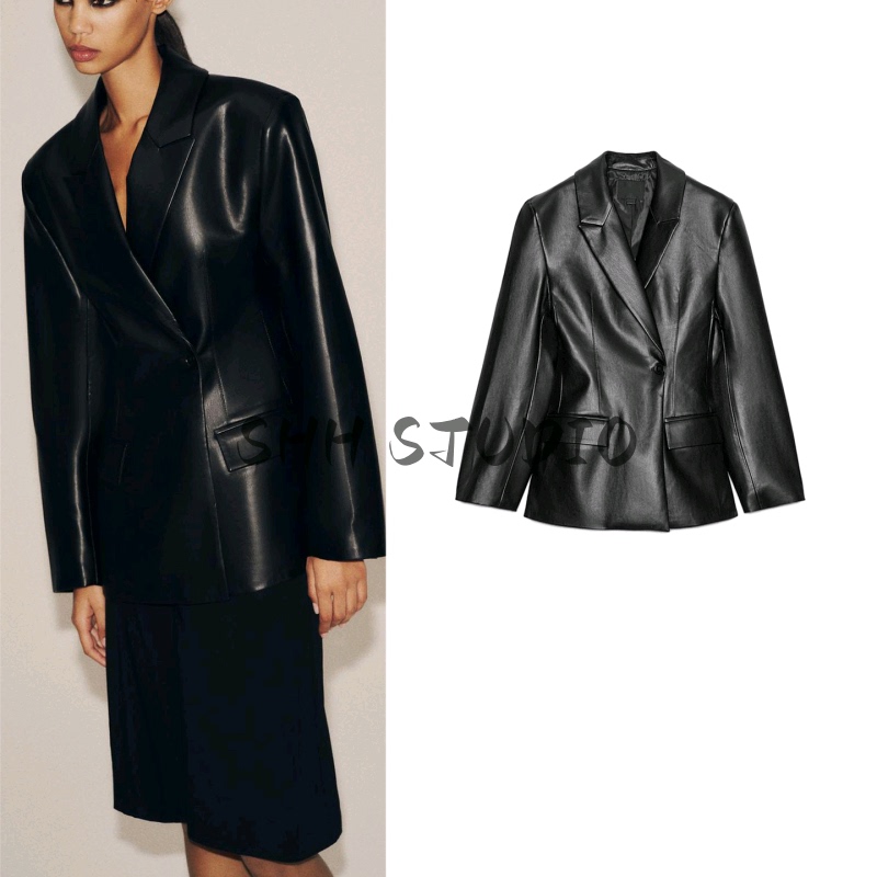 Autumn New Women's Clothing, Commuter Style, Slim Fit, Pu Imitation Leather Texture, Long-Sleeved V Neck Blazer 1255765