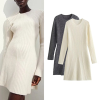 New autumn and winter bottoming sweater dress for women with pit stripe texture round neck long-sleeved slim knitted dress 1191539