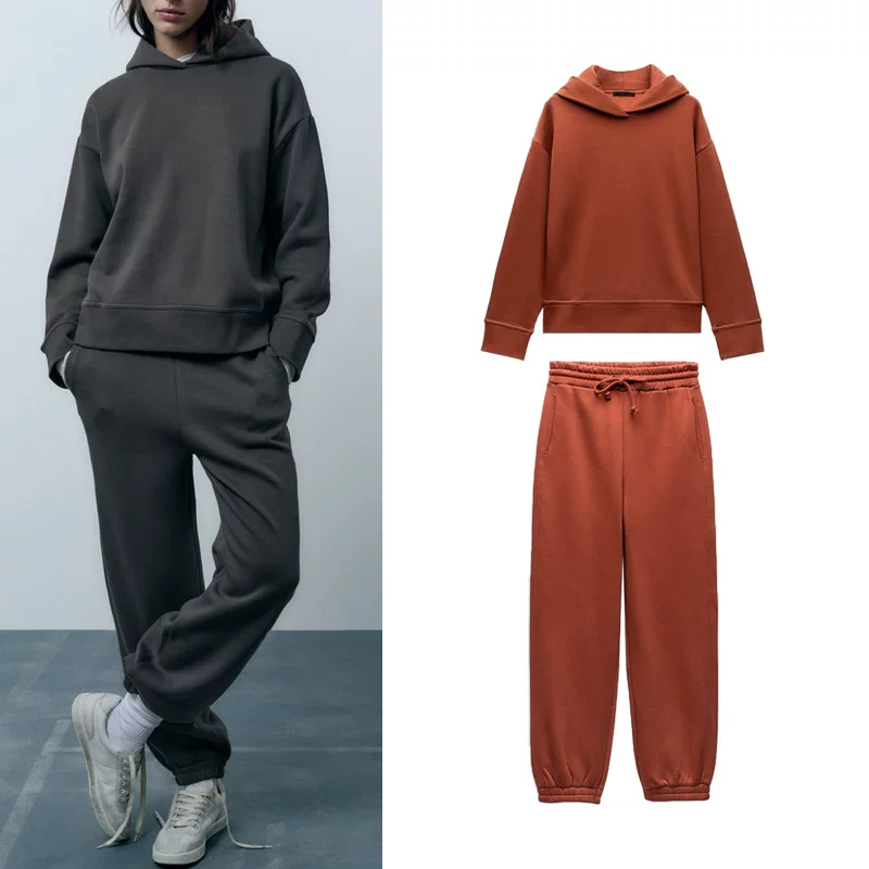 Spring new basic cotton blend hooded sweatshirt 3199629 High waist velvet jogging pants 3199630