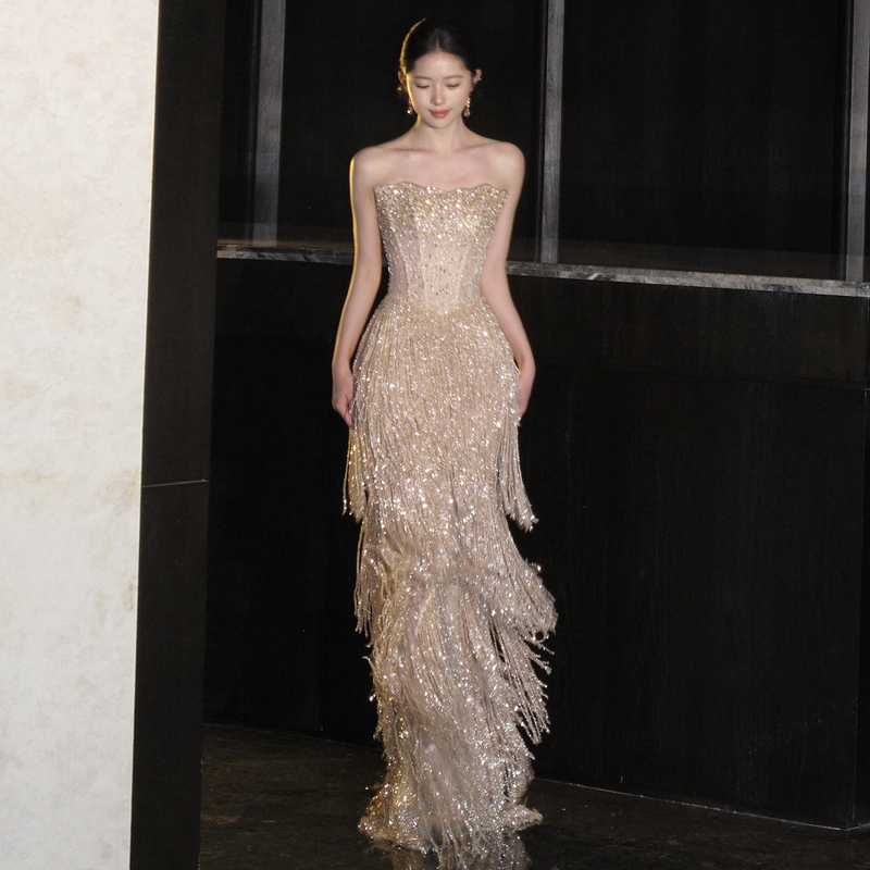 Heavy-Duty Tassel Toast Dress, Light Luxury Banquet Host Engagement Dress, High-End Sequin Strapless Wedding Evening Dress