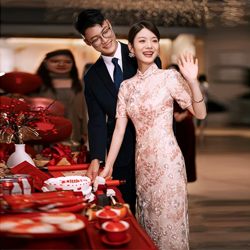 Розовое ципао, вечернее платье, осеннее свадебное платье, китайский стиль, подходит для подростков