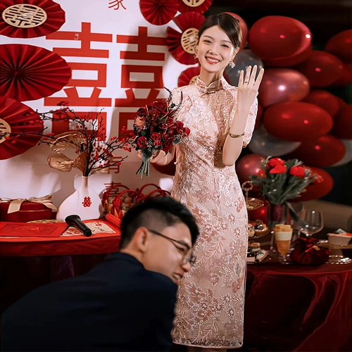 Розовое ципао, вечернее платье, осеннее свадебное платье, китайский стиль, подходит для подростков