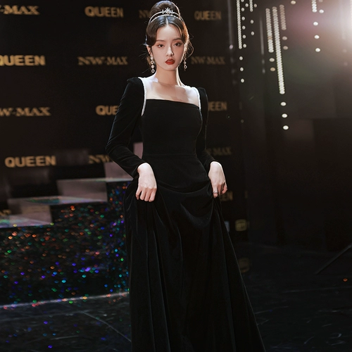 Черное элитное вечернее платье, бархатный лонгслив, яркий броский стиль, изысканный стиль, французский стиль