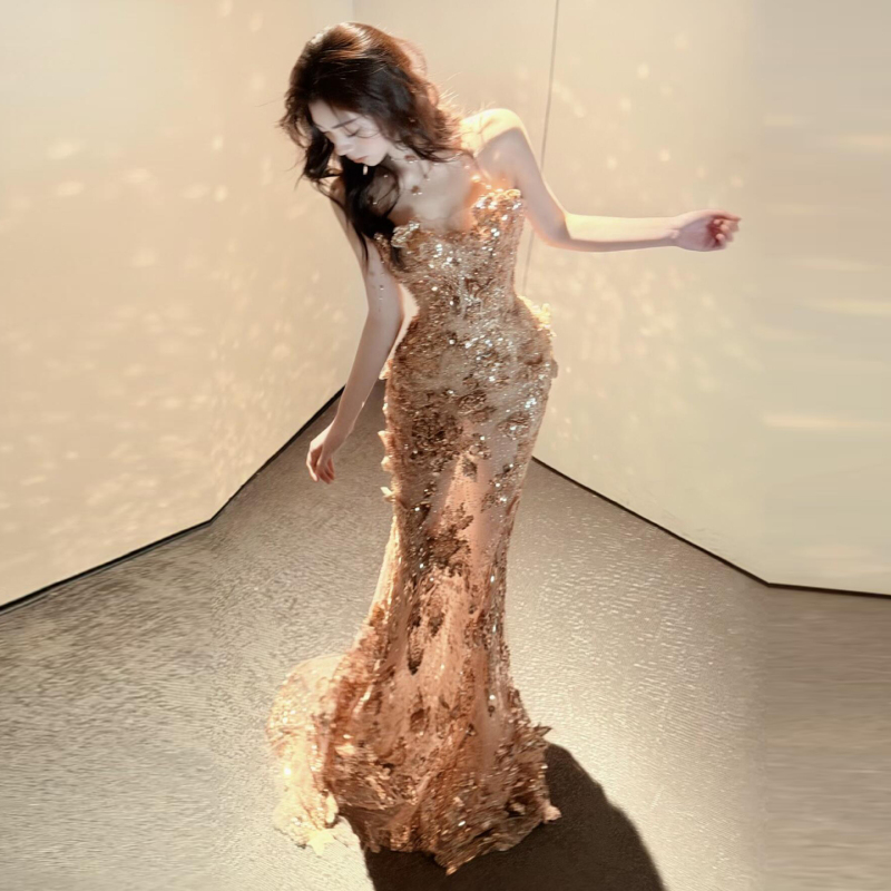 Heavy-Duty Formal Dress for the Bride, French-Style High-End Light Luxury Sequin Strapless Stunning Gown, Banquet Host Mermaid Long Dress Heavy-Duty Formal Dress for the Bride, French-Style High-End Light Luxury Sequin Strapless Stunning Gown, Banquet Host Mermaid Long Dress