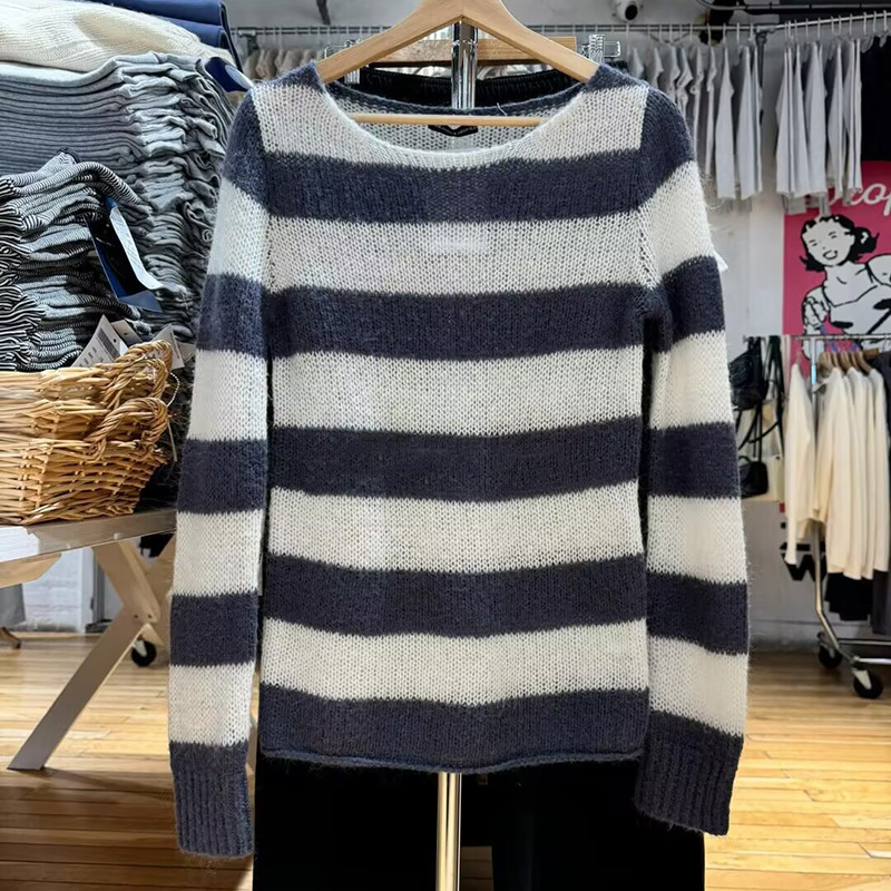 Bm Official Website New American Style Versatile Mohair Blue and White Striped Sweater Bm Loose Knit Pullover Top for Women