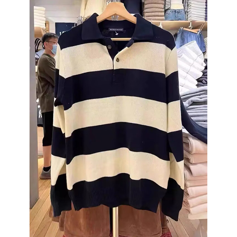 Brandy Official Website New American-Style Pure Cotton Casual Striped Knit Sweater Bm Loose Versatile Polo Collar Knitwear