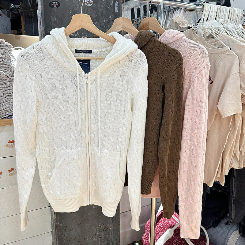 Bm Official Website Autumn and Winter New Light Pink Cable Knit Hooded Cardigan Sweater Bm Versatile Zipper Jacket Knitted Top for Women Trendy