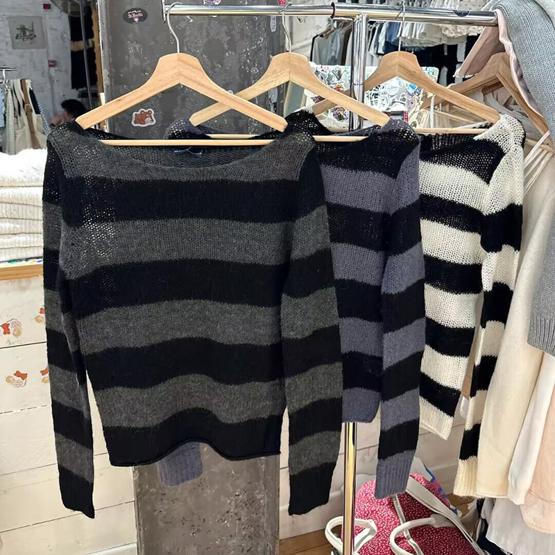 Bm Official Website Autumn New American Style Versatile Mohair Striped Sweater Bm Loose Knit Pullover Top for Women Bm Official Website Autumn New American Style Versatile Mohair Striped Sweater Bm Loose Knit Pullover Top for Women