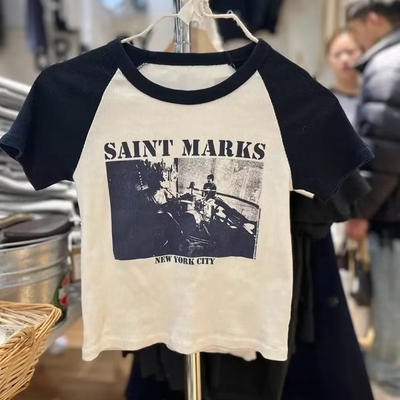BrandyBM official website Summer American band round-neck, shoulder sleeve printed T-shirt, slim short spice girl top for women