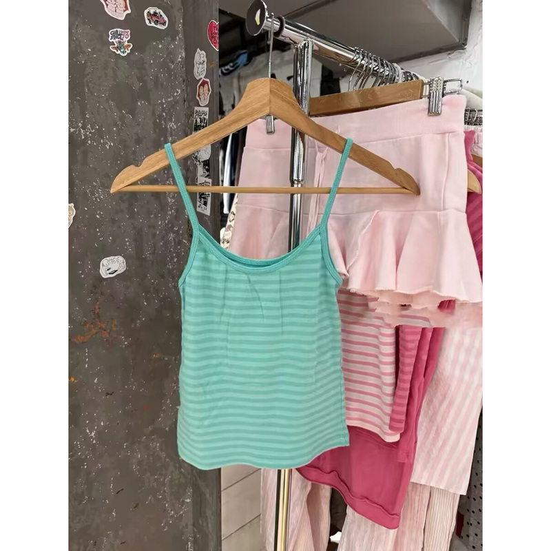 Bm New American Retro Versatile Green Striped Camisole for Women, Bm Summer Slim-Fit Outerwear and Innerwear Top Bm New American Retro Versatile Green Striped Camisole for Women, Bm Summer Slim-Fit Outerwear and Innerwear Top