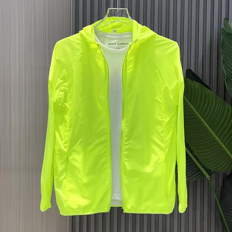 Summer Thin Trendy Fluorescent Green Hooded Sun Protection Jacket Casual Long Breathable Outdoor Sports Outerwear for Men and Women