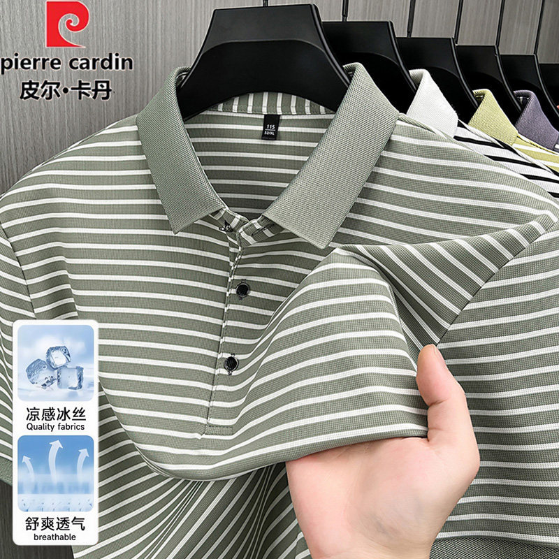 Pierre Cardin Ice Silk Short-Sleeve T-Shirt for Men, Striped Summer New Style, Middle-Aged Dad Half-Sleeve Polo Shirt with Turn-Down Collar