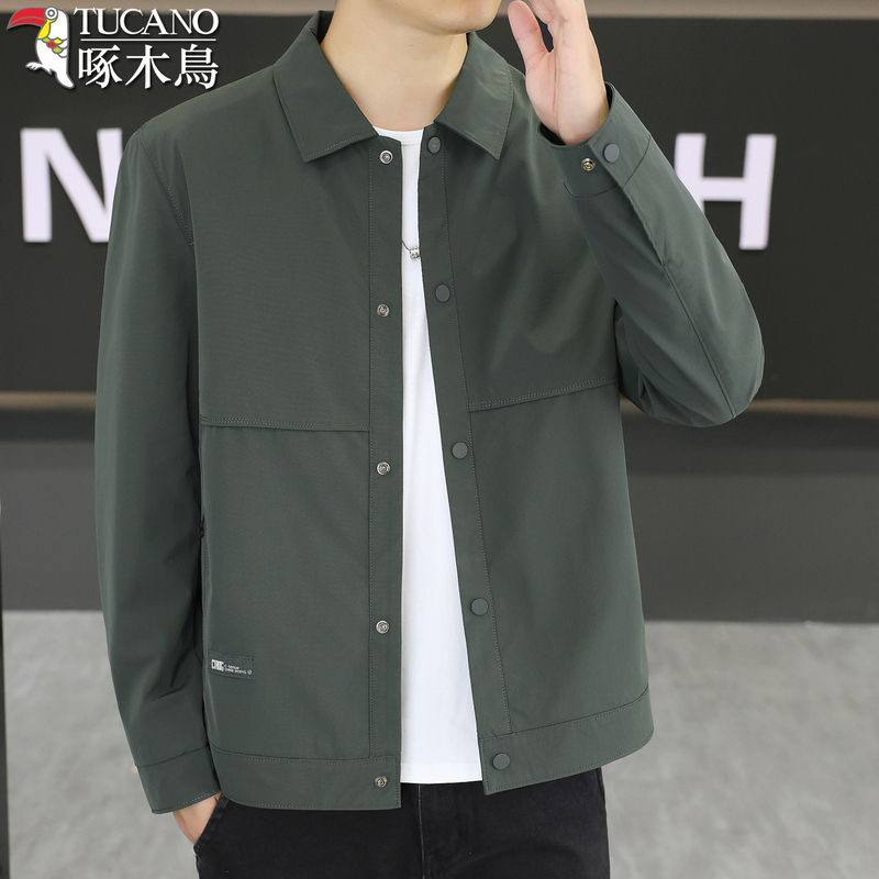 Woodpecker 2026 New Men's Jacket Trendy Lapel Casual Workwear Top Spring and Autumn Thin Coat Outerwear