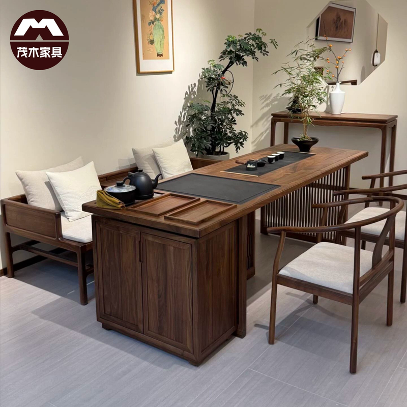 New Chinese-Style North American Black Walnut Zen Tea Table and Chair Set, Song-Style Aesthetic Home-Use Living Room Leisure Reception Tea Table New Chinese-Style North American Black Walnut Zen Tea Table and Chair Set, Song-Style Aesthetic Home-Use Living Room Leisure Reception Tea Table