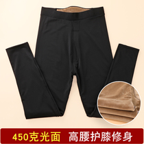 Mens cotton pants double velvet thickened high waist knee protection elastic slim body warm pants young and smooth autumn and winter