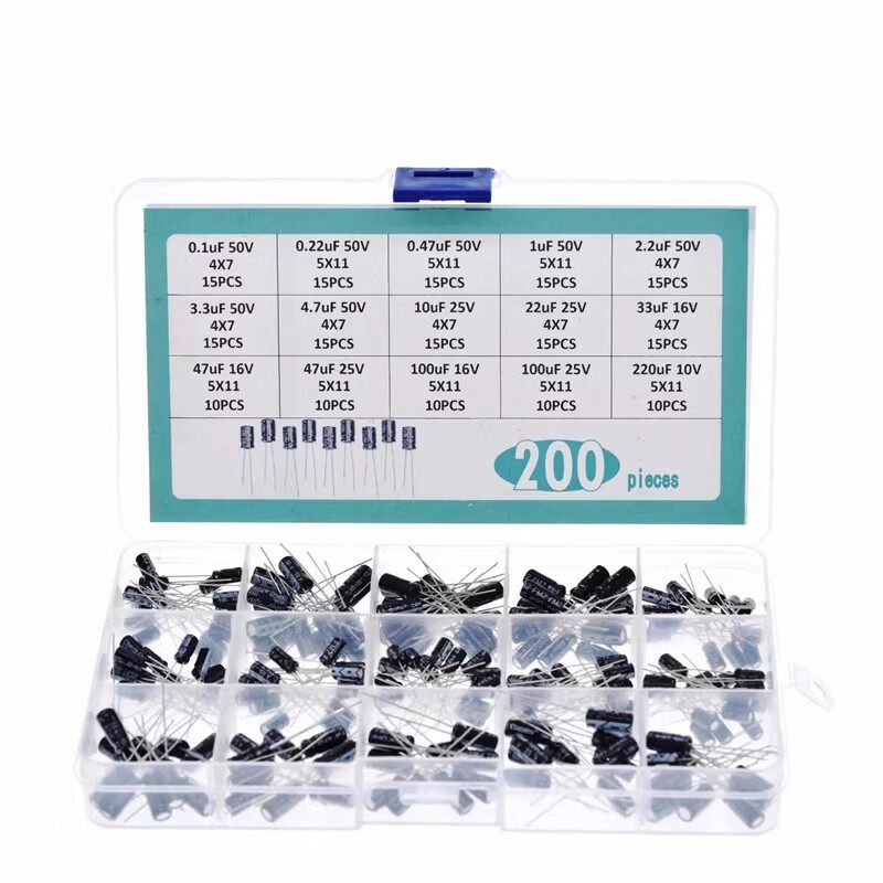200PCS 15种直插电解电容盒装套件 0.1UF 50V-220UF 10V 200个1盒