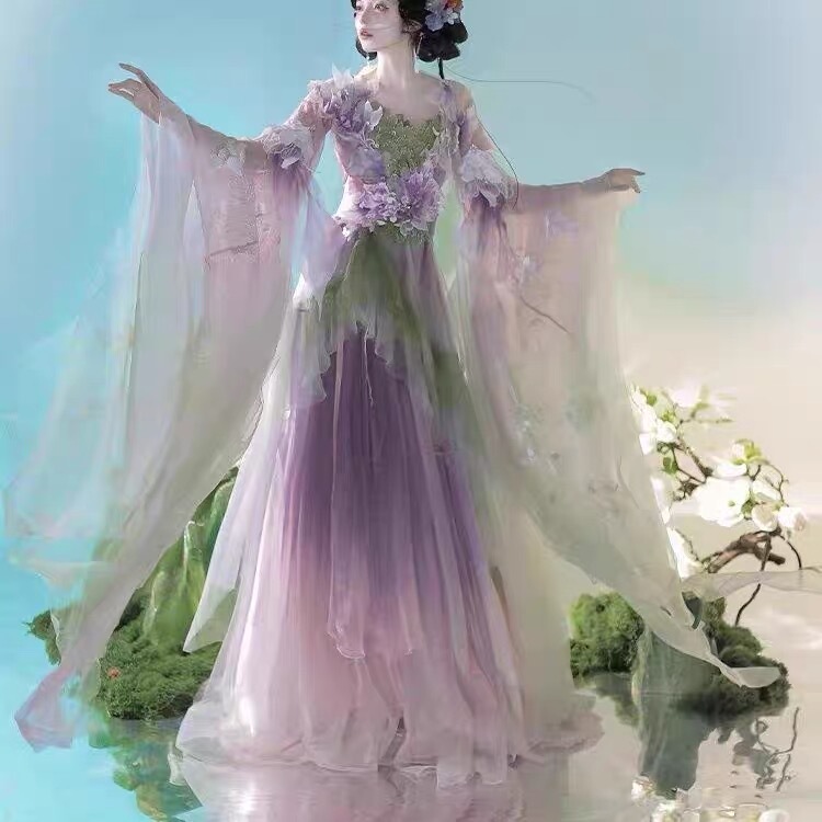 New Spring/Summer Warring States Robe [Magnolia] Twelve Flower Goddesses Improved Heavy Embroidery Ethereal Gradient Hanfu for Women