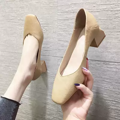 Two pairs of thick heel shoes women's spring and autumn 2021 new Korean version of shallow mouth wild high-heeled mid-heel nude square head grandma shoes