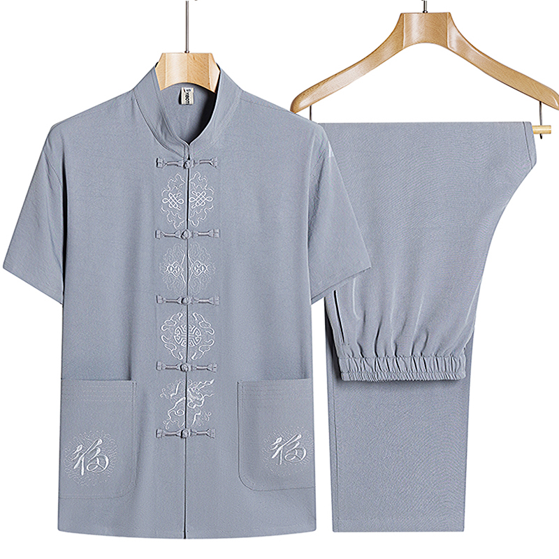 Cotton linen dress Male Summer thin Elderly Dad Short Sleeve China Wind Suit Old Man Summer Dress Grandpa Costume summer