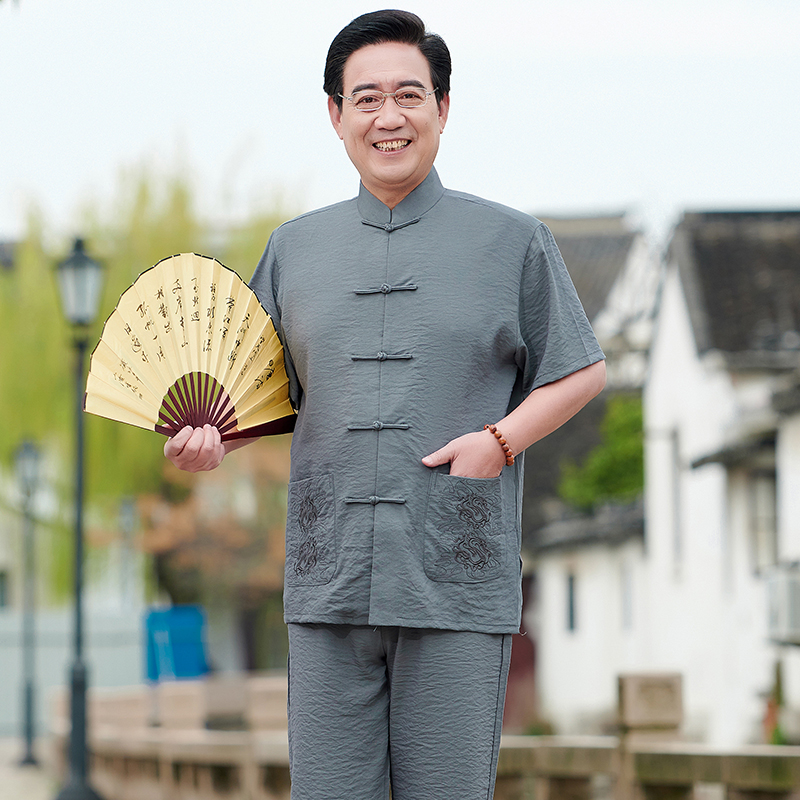 Tang suit men's middle-aged and elderly summer dress grandpa wear Chinese style summer dad cotton and linen short-sleeved suit 70 year old man clothes