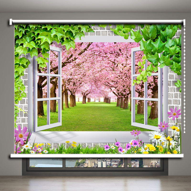 3D Fake Window Scenery Roller Blinds for Bedroom and Living Room, Sunshade Roller Curtains for Kitchen and Bathroom, Waterproof Pull-Down Curtains, No Drilling Required