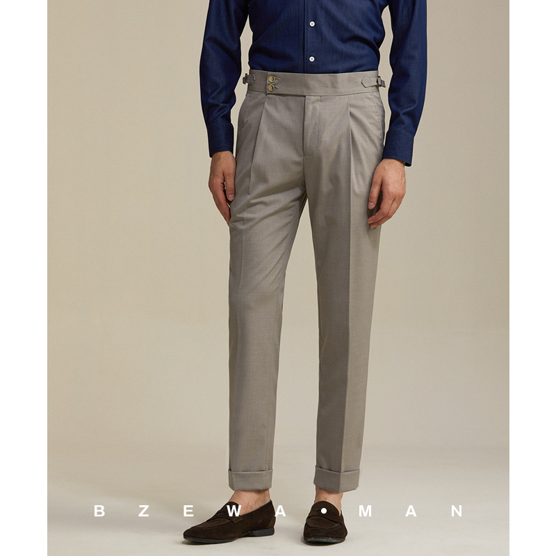 Khaki Naples Dress Pants for Men, Business Casual, Paris Adjustable Buckle, Italian Slim Fit, Drapey Cuffed Cropped Pants