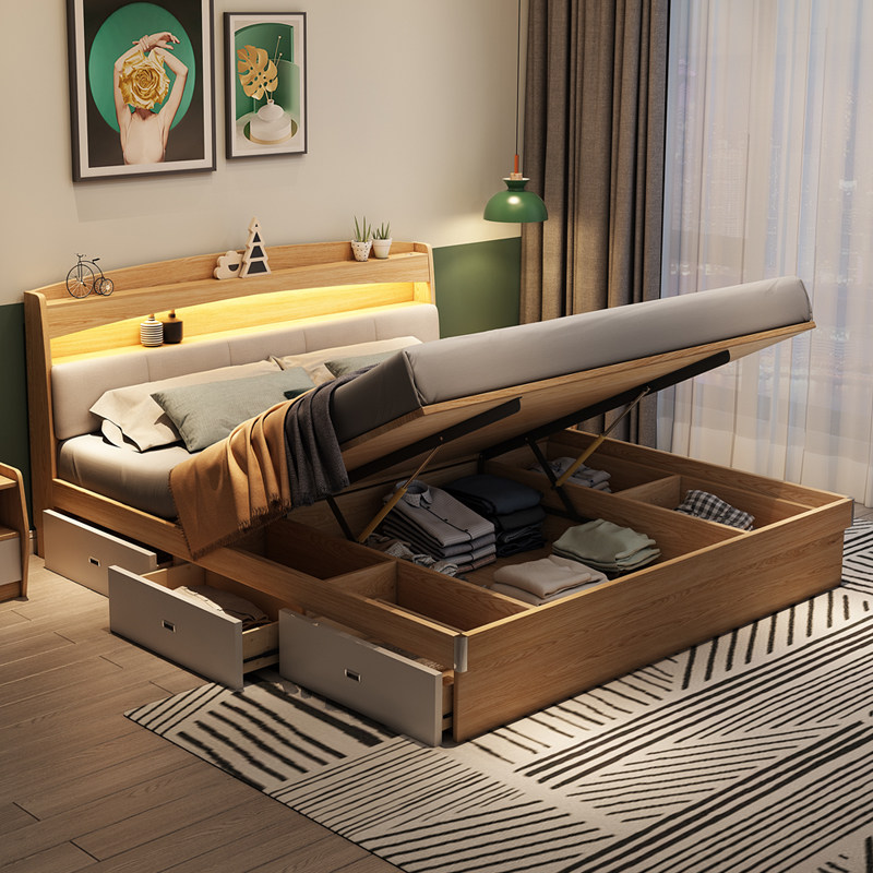 Nordic bed modern simple bed small type wedding bed storage high box storage double bed 1.8 master bedroom tatami bed