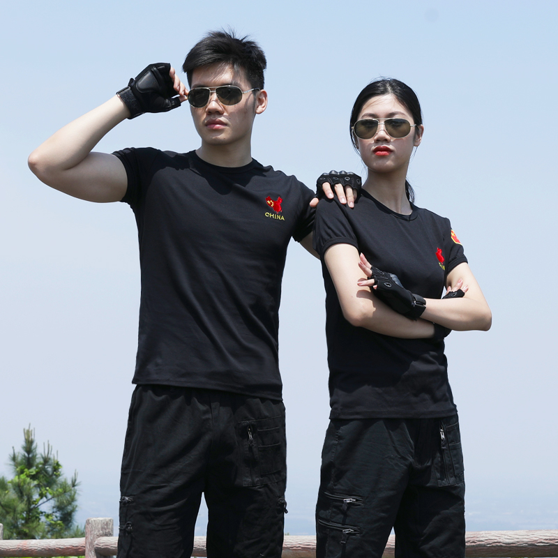 Summer outdoor camouflage fitness suit wear-resistant cotton thin military fan field coveralls short sleeves quick-dry T - shirt