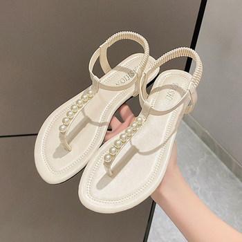 Pearl sandals women's flat bottom 2023 new summer cool and flashing rhinestones French Roman thong beach slippers for outerwear