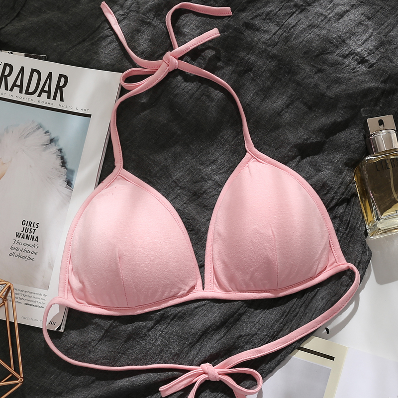 Strappy Halter Triangle Cup Bra for Women, Wireless, Small Bust, Sexy Back, Plus Size Bikini, Pure Cotton Bra, Thin