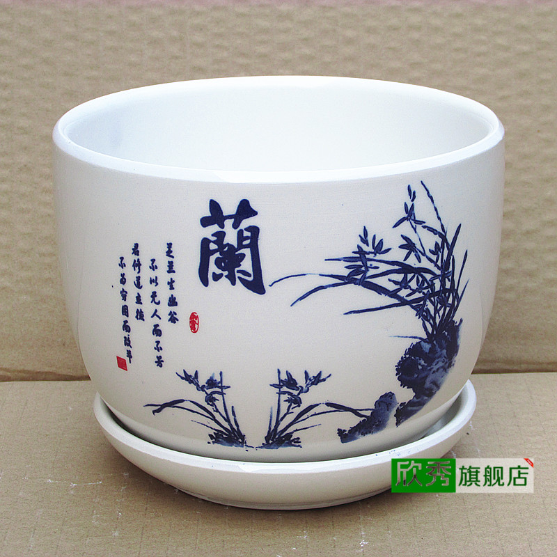 Xinxiu thêm gốm lớn nồi với khay máy tính để bàn lọ hoa phong cách Trung Quốc meilan tre hoa cúc nồi gốm thùng trồng cây