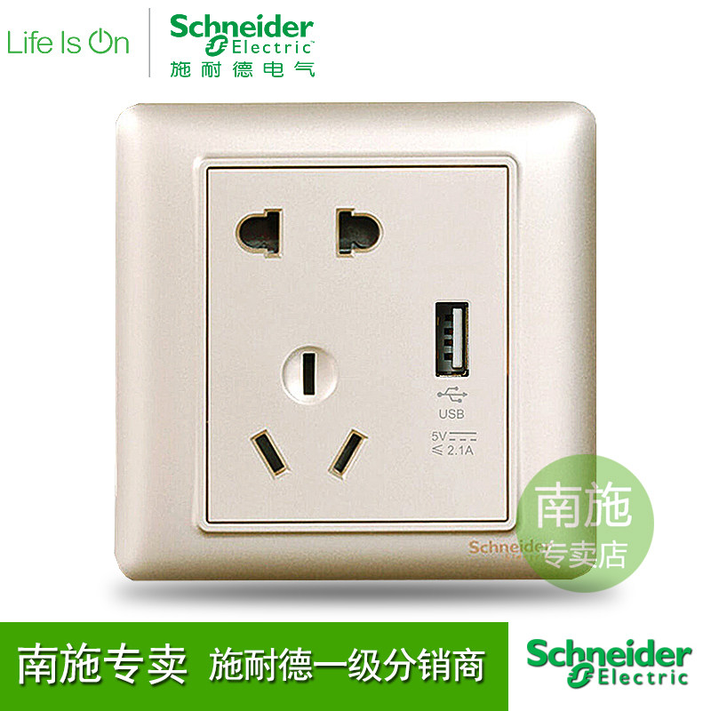 Schneider switch socket Ruiyi gold 2 1A USB five-hole socket mobile phone ipad charging socket