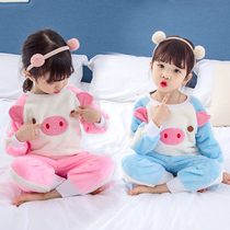 Girls pajamas flannel autumn and winter Children Children baby girl plus velvet thickened warm coral home clothing set