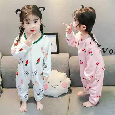 Children's pajamas, women's autumn and winter girls, flannel, 2 years old, 3-year-old baby coral velvet padded children and girls crawling clothes