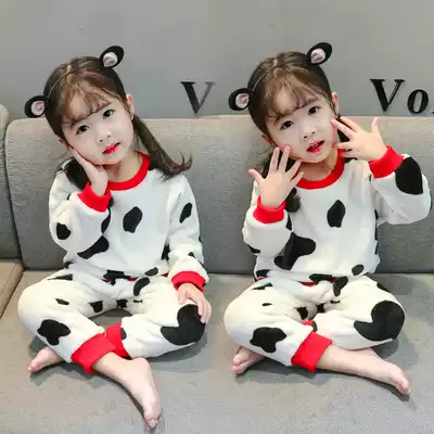 Baby pajamas winter coral velvet cute girl thickened baby 2 years old 3 flannel long sleeve home clothing set