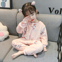 Girls pajamas autumn and winter coral velvet childrens jumpsuit flannel sleeping bag baby plus velvet warm home clothing climbing suit