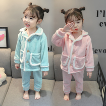 Childrens pajamas autumn and winter flannel baby plus velvet thickened warm girl child child coral home clothing