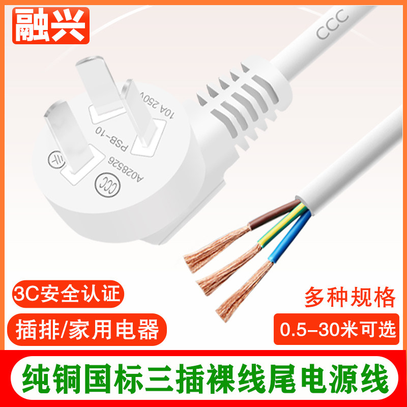 White national standard 3-core power cord with plug socket drinking water washing machine power cord 10a with wire plug pure copper