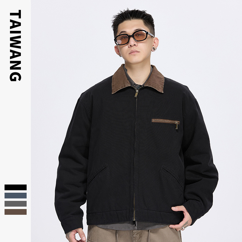 Korean 2026 New American Retro Zipper Workwear Jacket, Spring and Autumn Korean Style Men's Canvas Turn-Down Collar Washed Jacket